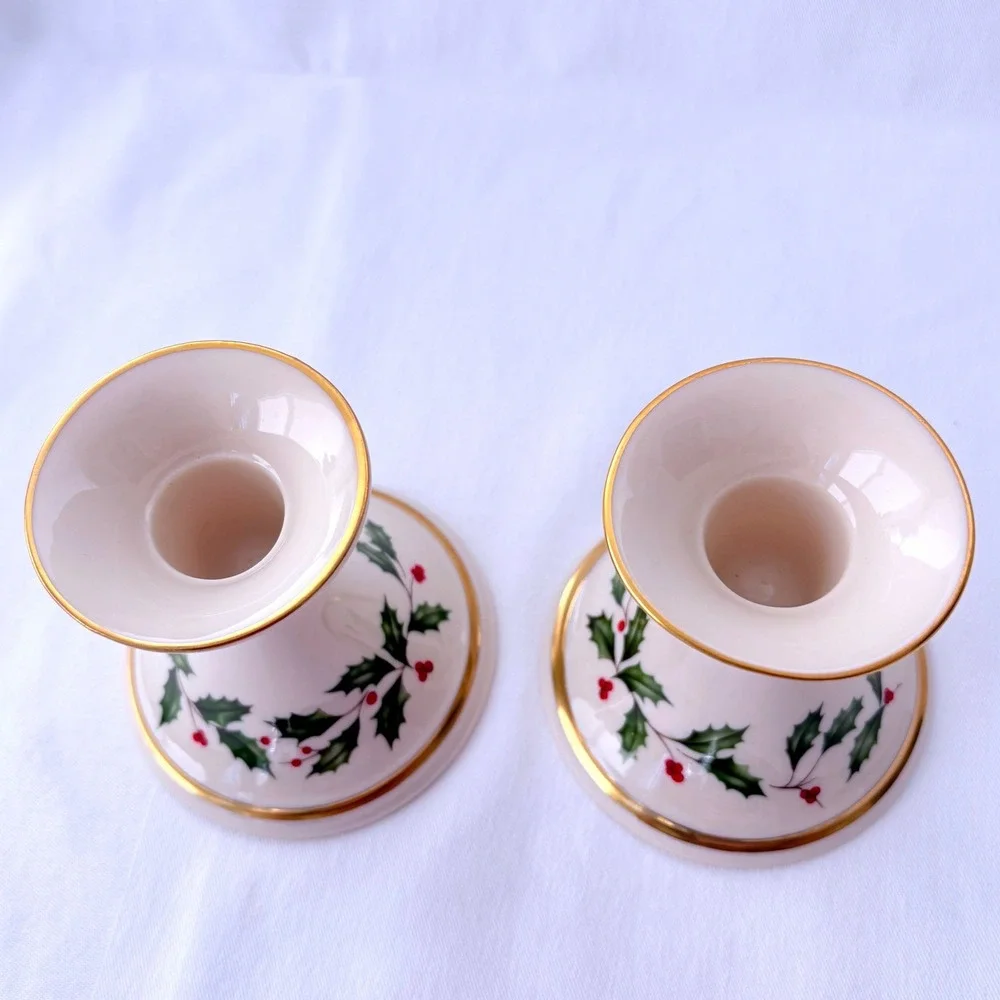 Vintage Lenox Holiday Candle Holder Set & Leaf Dish Gold Trim Holly Berry 3pc